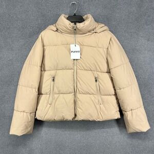PUFFIT Puffer Jacket Hooded Women's XL‎ Beige Water Repellent Cozy Warm